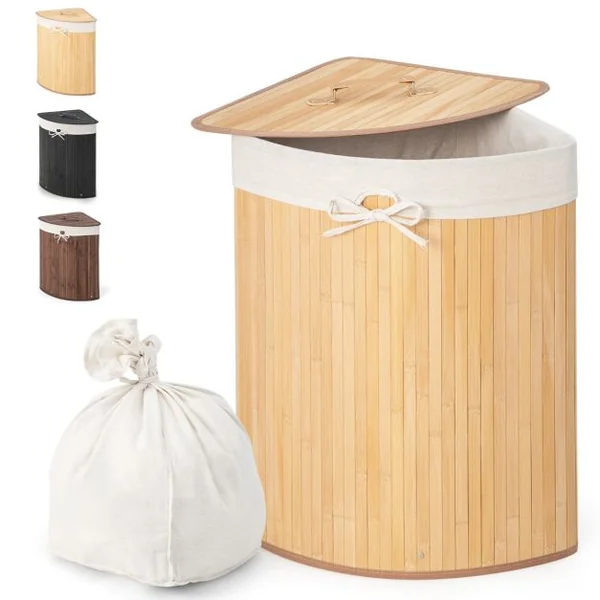Panier à Linge 58L en Bambou avec Couvercle Bac à Linge d’Angle pour Buanderie Salle de Bain Naturel