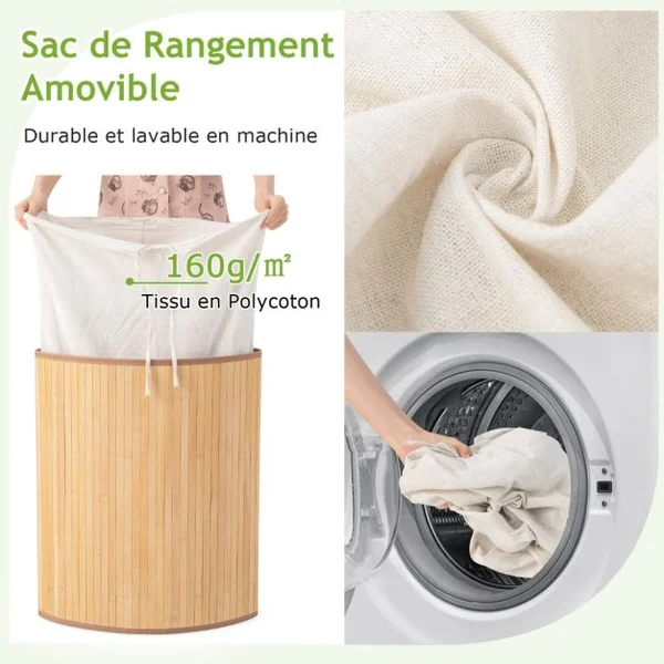 Panier à Linge 58L en Bambou avec Couvercle Bac à Linge d’Angle pour Buanderie Salle de Bain Naturel