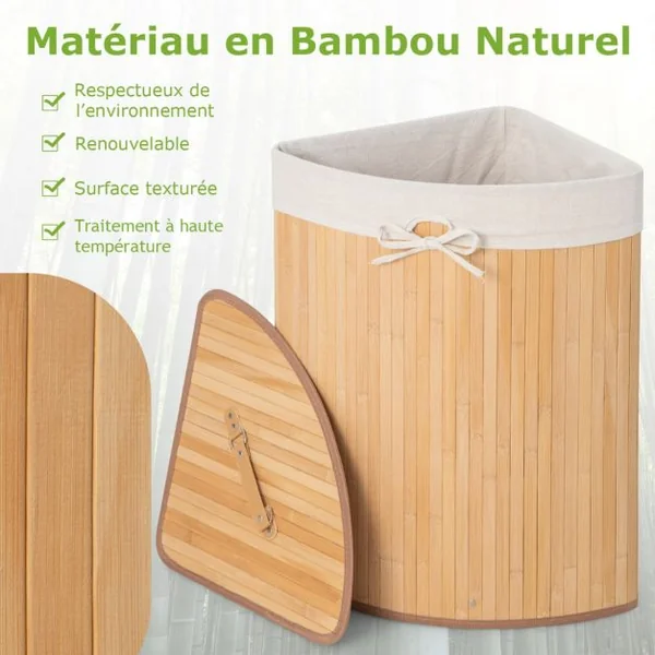Panier à Linge 58L en Bambou avec Couvercle Bac à Linge d’Angle pour Buanderie Salle de Bain Naturel