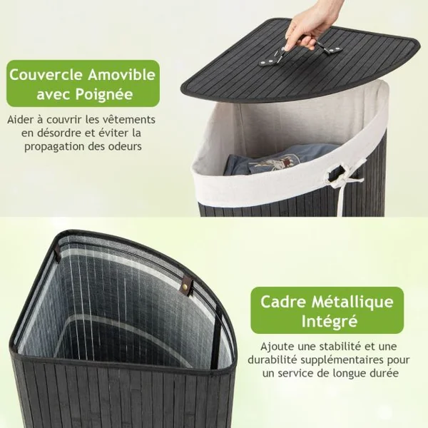 Panier à Linge 58L en Bambou avec Couvercle Bac à Linge d’Angle pour Buanderie Salle de Bain Noir