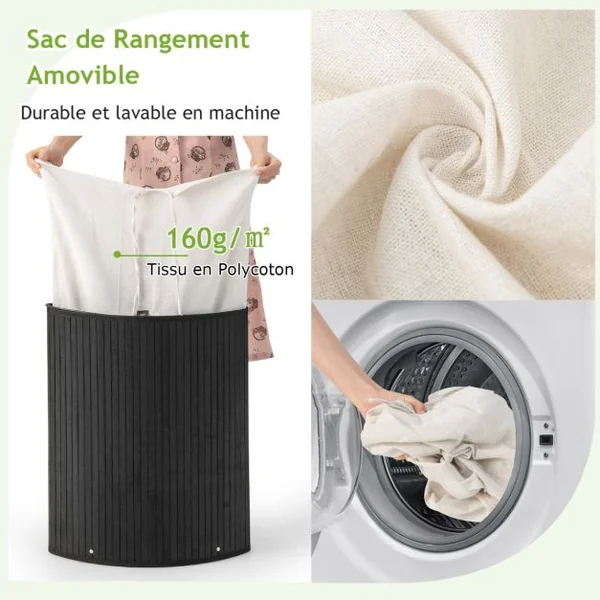 Panier à Linge 58L en Bambou avec Couvercle Bac à Linge d’Angle pour Buanderie Salle de Bain Noir