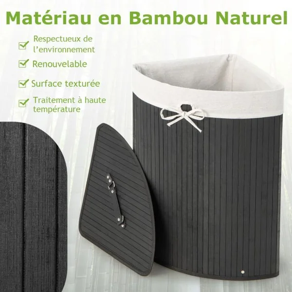 Panier à Linge 58L en Bambou avec Couvercle Bac à Linge d’Angle pour Buanderie Salle de Bain Noir