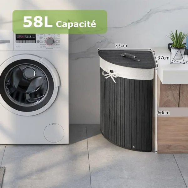 Panier à Linge 58L en Bambou avec Couvercle Bac à Linge d’Angle pour Buanderie Salle de Bain Noir