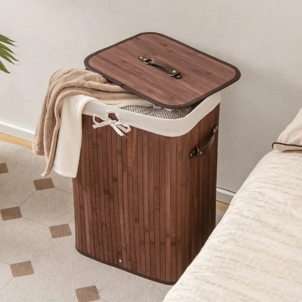 Panier à Linge 72L en Bambou avec Couvercle et 3 Poignées pour Buanderie Salle de Bain Marron