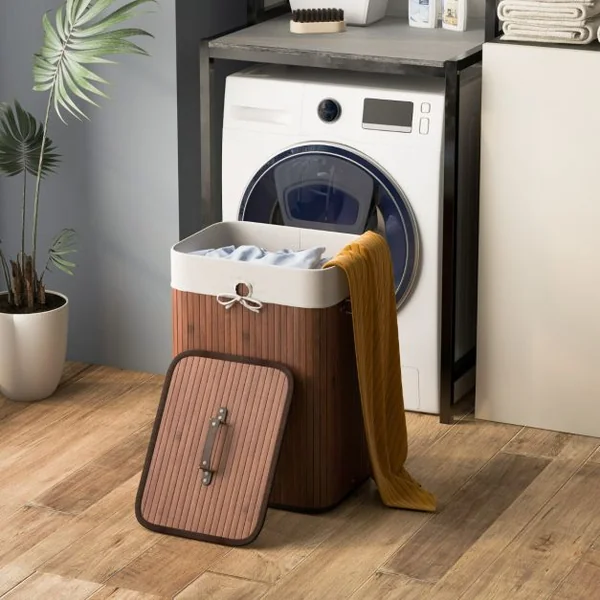 Panier à Linge 72L en Bambou avec Couvercle et 3 Poignées pour Buanderie Salle de Bain Marron