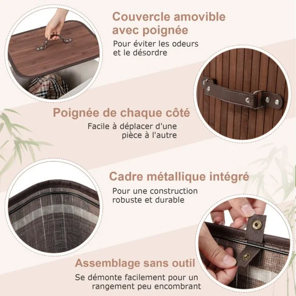 Panier à Linge 72L en Bambou avec Couvercle et 3 Poignées pour Buanderie Salle de Bain Marron