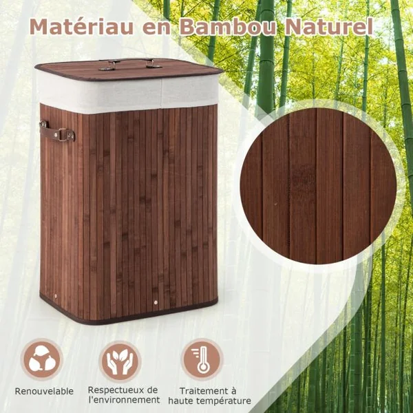 Panier à Linge 72L en Bambou avec Couvercle et 3 Poignées pour Buanderie Salle de Bain Marron