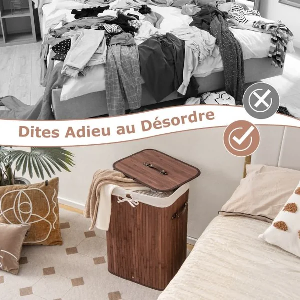 Panier à Linge 72L en Bambou avec Couvercle et 3 Poignées pour Buanderie Salle de Bain Marron
