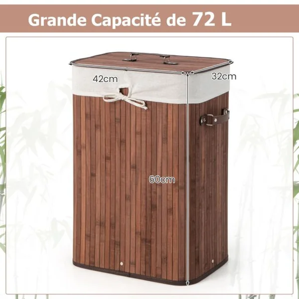 Panier à Linge 72L en Bambou avec Couvercle et 3 Poignées pour Buanderie Salle de Bain Marron