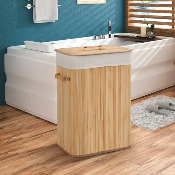 Panier à Linge 72L en Bambou avec Couvercle et 3 Poignées pour Buanderie Salle de Bain Naturel