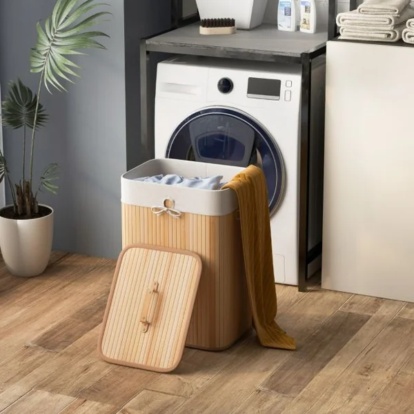 Panier à Linge 72L en Bambou avec Couvercle et 3 Poignées pour Buanderie Salle de Bain Naturel