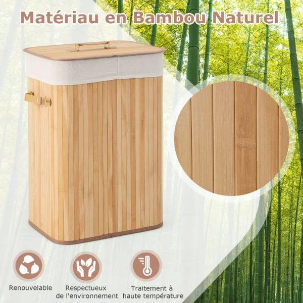 Panier à Linge 72L en Bambou avec Couvercle et 3 Poignées pour Buanderie Salle de Bain Naturel