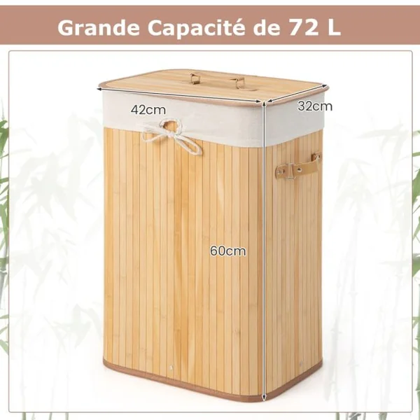 Panier à Linge 72L en Bambou avec Couvercle et 3 Poignées pour Buanderie Salle de Bain Naturel