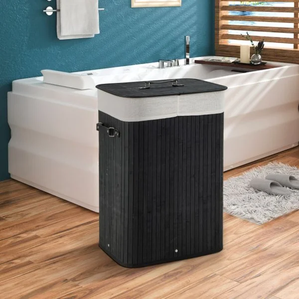 Panier à Linge 72L en Bambou avec Couvercle et 3 Poignées pour Buanderie Salle de Bain Noir