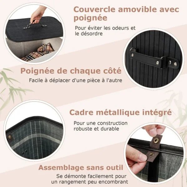 Panier à Linge 72L en Bambou avec Couvercle et 3 Poignées pour Buanderie Salle de Bain Noir