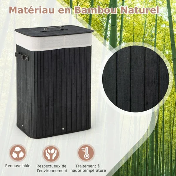Panier à Linge 72L en Bambou avec Couvercle et 3 Poignées pour Buanderie Salle de Bain Noir
