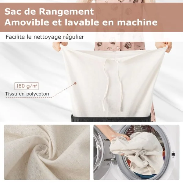 Panier à Linge 72L en Bambou avec Couvercle et 3 Poignées pour Buanderie Salle de Bain Noir