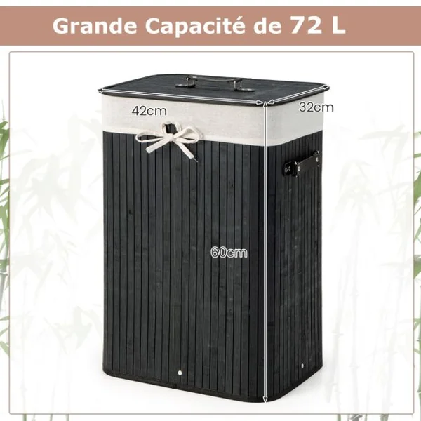Panier à Linge 72L en Bambou avec Couvercle et 3 Poignées pour Buanderie Salle de Bain Noir