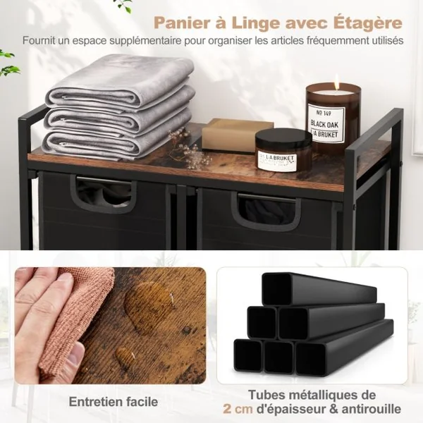 Panier à Linge Autoportant avec Étagère et 3 Sacs Amovibles Coulissants Trieur de Linge avec Sac de Doublure Amovible Marron Rustique et Noir