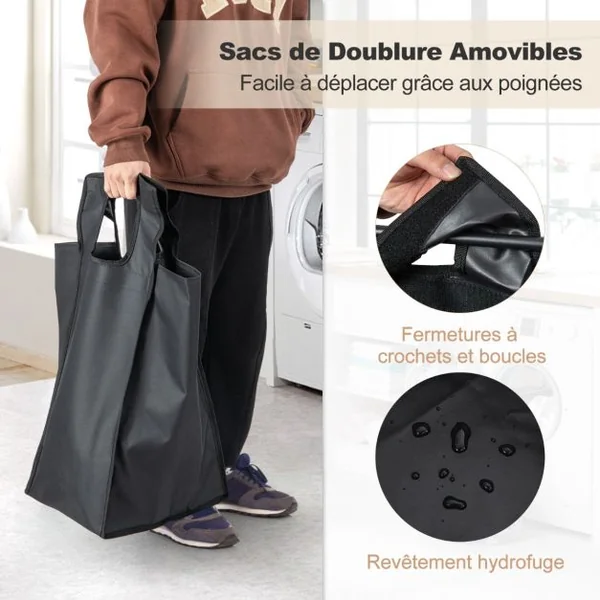 Panier à Linge Autoportant avec Étagère et 3 Sacs Amovibles Coulissants Trieur de Linge avec Sac de Doublure Amovible Marron Rustique et Noir