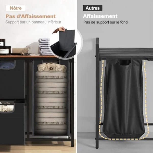 Panier à Linge Autoportant avec Étagère et 3 Sacs Amovibles Coulissants Trieur de Linge avec Sac de Doublure Amovible Marron Rustique et Noir