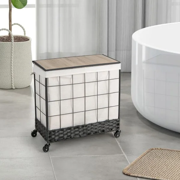 Panier à Linge avec Roulettes Verrouillables Panier à Linge Robuste de 130 L avec Couvercle en Bois Sac à Doublure Amovible Divisé