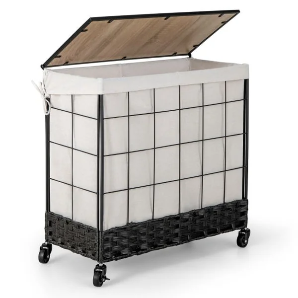 Panier à Linge avec Roulettes Verrouillables Panier à Linge Robuste de 130 L avec Couvercle en Bois Sac à Doublure Amovible Divisé