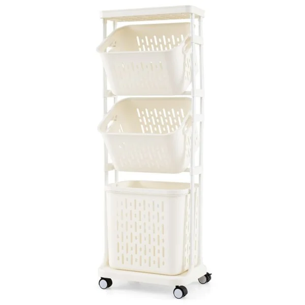 Panier à Linge à 3 Niveaux Trieur de Linge avec 4 Roulettes Universelles Dont 2 Verrouillables 2 Petits Paniers et 1 Grand Panier Blanc