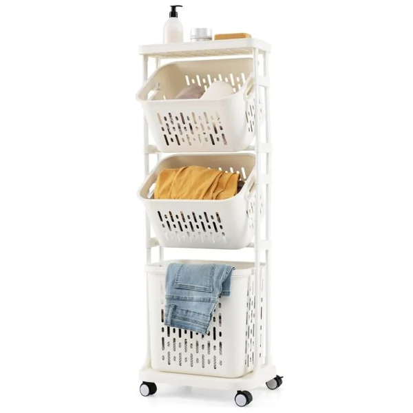 Panier à Linge à 3 Niveaux Trieur de Linge avec 4 Roulettes Universelles Dont 2 Verrouillables 2 Petits Paniers et 1 Grand Panier Blanc