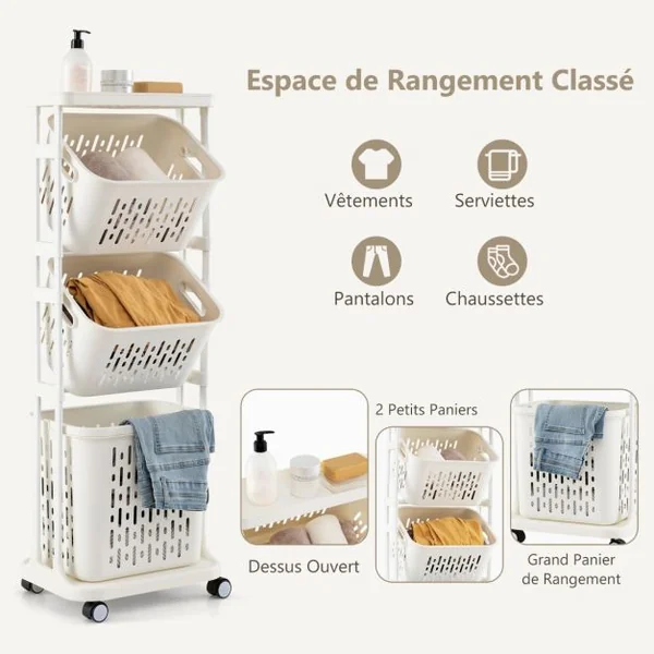 Panier à Linge à 3 Niveaux Trieur de Linge avec 4 Roulettes Universelles Dont 2 Verrouillables 2 Petits Paniers et 1 Grand Panier Blanc