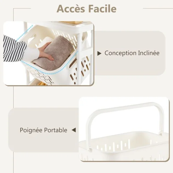 Panier à Linge à 3 Niveaux Trieur de Linge avec 4 Roulettes Universelles Dont 2 Verrouillables 2 Petits Paniers et 1 Grand Panier Blanc