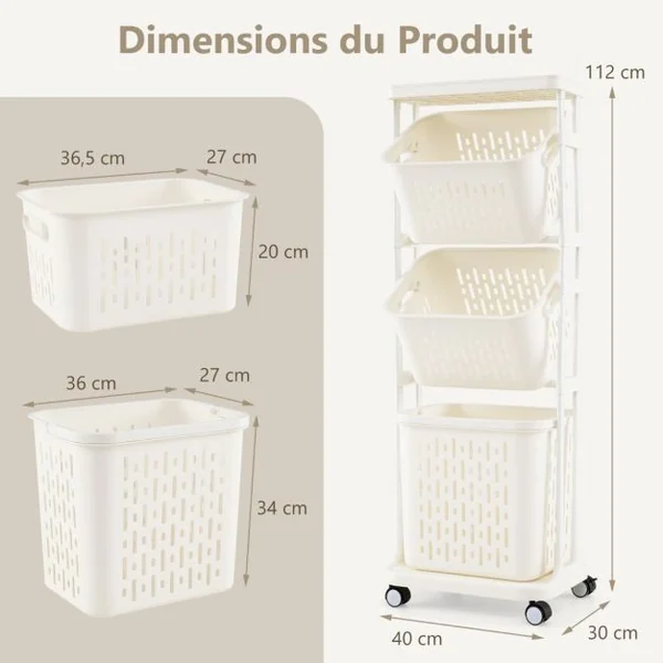 Panier à Linge à 3 Niveaux Trieur de Linge avec 4 Roulettes Universelles Dont 2 Verrouillables 2 Petits Paniers et 1 Grand Panier Blanc