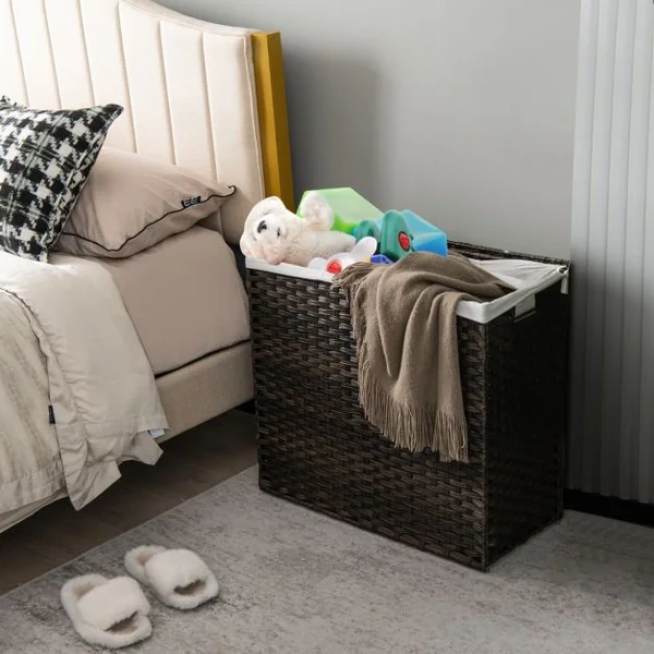 Panier à Linge à Roulettes 110L 3 Compartiments Rotin Synthétique avec Couvercle Sac Intérieur Amovible et Lavable Marron