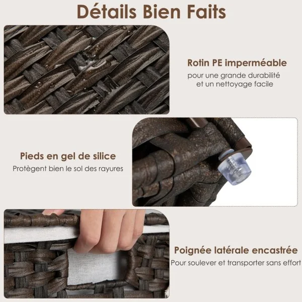 Panier à Linge à Roulettes 110L 3 Compartiments Rotin Synthétique avec Couvercle Sac Intérieur Amovible et Lavable Marron