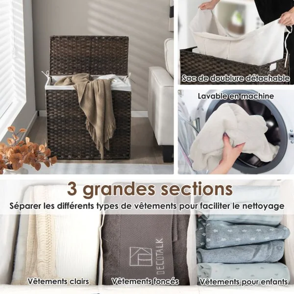 Panier à Linge à Roulettes 110L 3 Compartiments Rotin Synthétique avec Couvercle Sac Intérieur Amovible et Lavable Marron