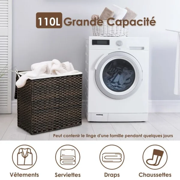 Panier à Linge à Roulettes 110L 3 Compartiments Rotin Synthétique avec Couvercle Sac Intérieur Amovible et Lavable Marron