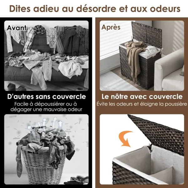 Panier à Linge à Roulettes 110L 3 Compartiments Rotin Synthétique avec Couvercle Sac Intérieur Amovible et Lavable Marron