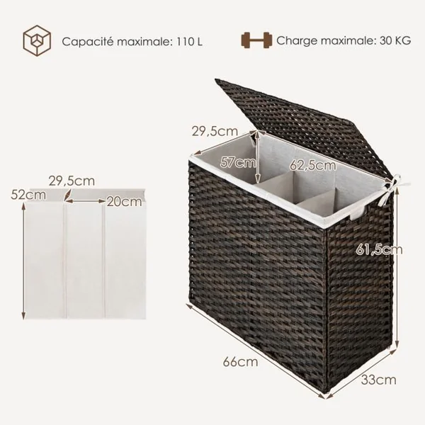Panier à Linge à Roulettes 110L 3 Compartiments Rotin Synthétique avec Couvercle Sac Intérieur Amovible et Lavable Marron