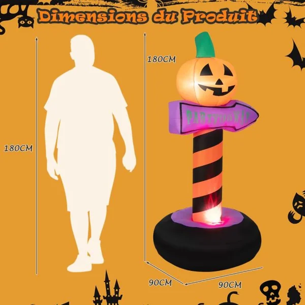 Panneau de Signalisation de 180 cm Gonflable avec Citrouille d’Halloween Lumière LED Intégrée