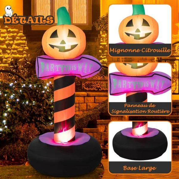 Panneau de Signalisation de 180 cm Gonflable avec Citrouille d’Halloween Lumière LED Intégrée