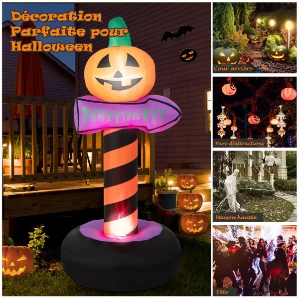 Panneau de Signalisation de 180 cm Gonflable avec Citrouille d’Halloween Lumière LED Intégrée