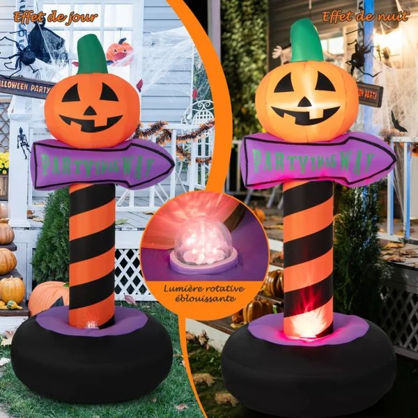 Panneau de Signalisation de 180 cm Gonflable avec Citrouille d’Halloween Lumière LED Intégrée