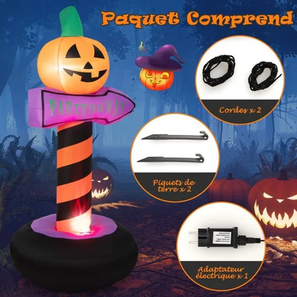 Panneau de Signalisation de 180 cm Gonflable avec Citrouille d’Halloween Lumière LED Intégrée