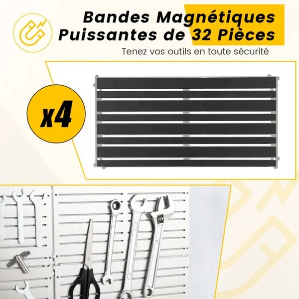 Panneau Mural Porte-Outils Lot de 4 avec 32 Bandes Magnétiques Puissantes Système de Rangement Mural pour Outils Peu Encombrants pour Atelier Garage