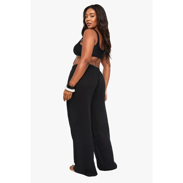 Pantalon De Plage Grande Taille À Jambes Larges Avec Perles Et Tissu Froissé