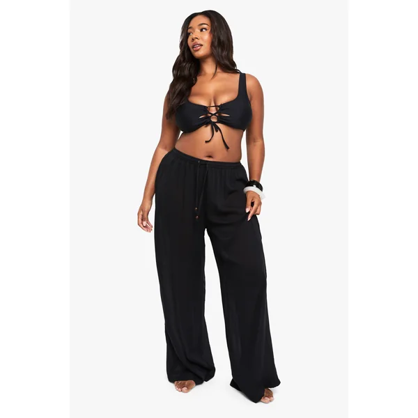 Pantalon De Plage Grande Taille À Jambes Larges Avec Perles Et Tissu Froissé