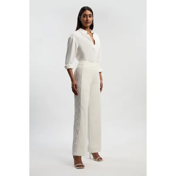 Pantalon Large Tailleur en Mélange de Dentelle Stretch Compact