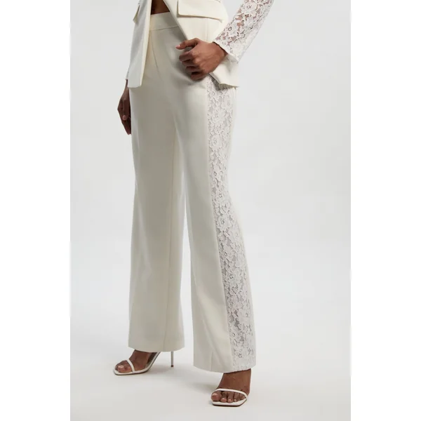 Pantalon Large Tailleur en Mélange de Dentelle Stretch Compact
