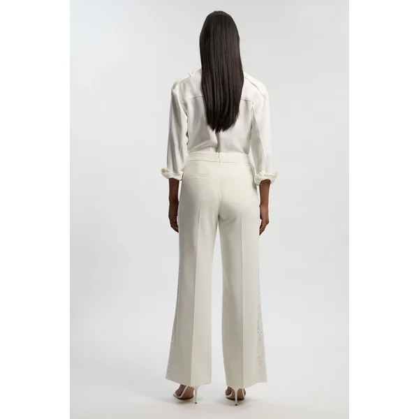 Pantalon Large Tailleur en Mélange de Dentelle Stretch Compact