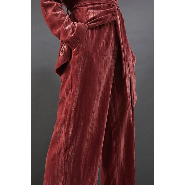 Pantalon Tailleur Taille Haute en Velours Froissé